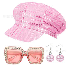 (Pink) 70s 80s Disco Party Sequin Hat Sunglasses Earrings Costume Accessory Set
