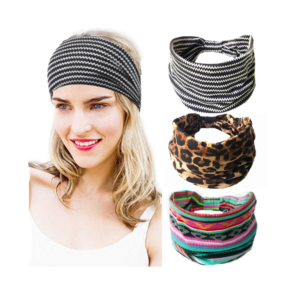 (3 pcs) Bohemian Printed Elastic Sports Headband Women's Wide Cotton Headscarf Headdress