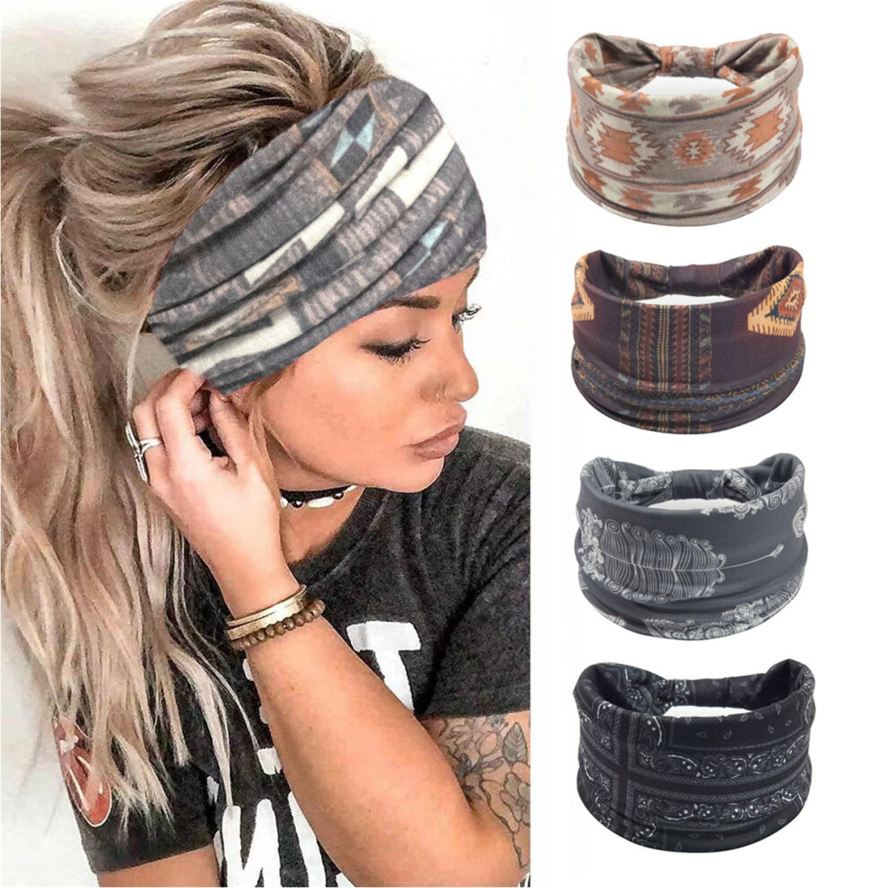(A) Vintage Bohemian Knotted Elastic Headband Printed Wide Yoga Sports Hair Band