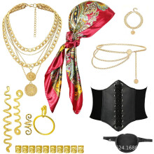 (Red headscarf pirate twenty-piece set) Halloween Pirate Costume Set: Headscarf, Belt, Necklace & Bracelet for Cosplay Ball