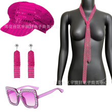 (Magenta 4-piece set) 70s 80s Disco Party Sequin Hat Sunglasses Earrings Costume Accessory Set