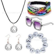 (Silver5Piece SetB) 70s Disco Laser Ball Jewelry Set: Necklace, Earrings, Bracelet, Sequin Headband & Sunglasses