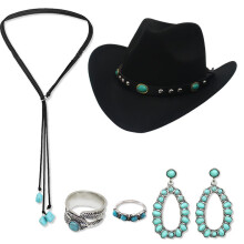 (Black) Ethnic Western Cowboy Hat & Turquoise Jewelry Set - Necklace, Earrings, Ring