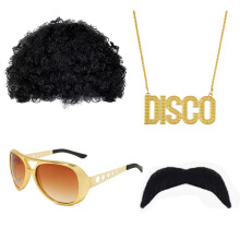 (Set 1) Hippie Disco Costume Kit with Afro Wig, Sunglasses & Groovy Necklace for Theme Party