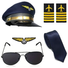 (Pilot dark blue) Halloween Pilot Hat Costume Set with Captain Hat, Epaulettes, Glasses & Tie Role-Play Kit