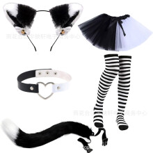 (Black and White) Halloween Cute Cat Cosplay Set: Cat Ears Headband, Paw Gloves & Tail Accessories