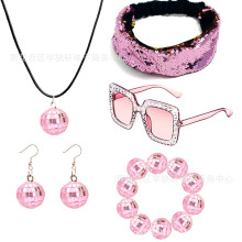 (Pink 5-piece set B) 70s Disco Laser Ball Jewelry Set: Necklace, Earrings, Bracelet, Sequin Headband & Sunglasses
