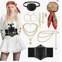 (Pirate nine-piece set) Halloween Pirate Costume Set: Headscarf, Belt, Necklace & Bracelet for Cosplay Ball
