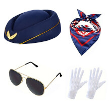 (Flight attendant hat navy blue 4-piece set) Halloween Flight Attendant Captain Costume Set for Masquerade Party & Role Play Cosplay