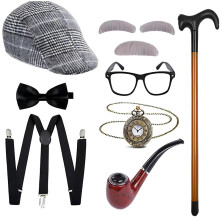 (Style 4) Men's Vintage Gangster Costume Set Wool Houndstooth Hat & Bowtie Role Play