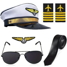 (Pilot white) Halloween Pilot Hat Costume Set with Captain Hat, Epaulettes, Glasses & Tie Role-Play Kit