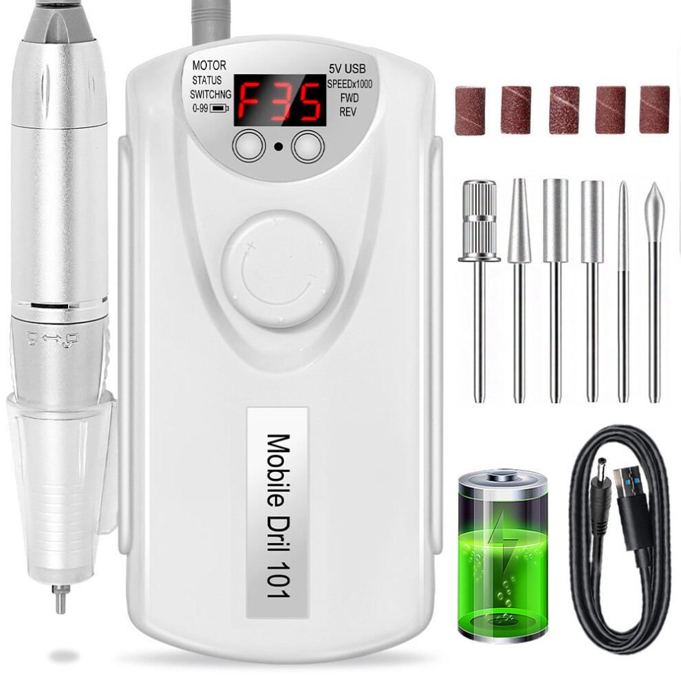 (DMJ-101S-White-USB) 101S Electric Rechargeable Nail Grinding Pen with Built-in Battery Nail Polisher Grinding Machine