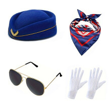 (Flight Attendant Hat Blue 4-piece set) Halloween Flight Attendant Captain Costume Set for Masquerade Party & Role Play Cosplay
