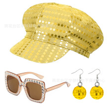 (Gold) 70s 80s Disco Party Sequin Hat Sunglasses Earrings Costume Accessory Set