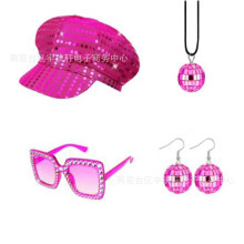 (Magenta4piece setB) 70s 80s Disco Party Sequin Hat Sunglasses Earrings Costume Accessory Set