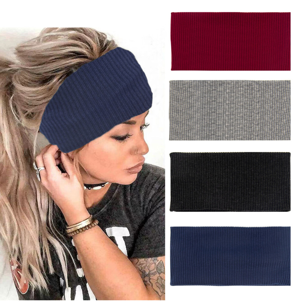(B) Wide Non-Slip Knitted Bohemian Headband Soft Elastic Yoga Sports Headband Solid Color