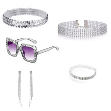 (Set 1) Sparkly Disco Sequin Set for Women: Tassel Earrings, Diamond Collar Chain & Bracelet