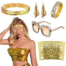 (Gold) 1970s Disco Women's Sequin Earrings Strapless Sunglasses Bracelet Headband Set