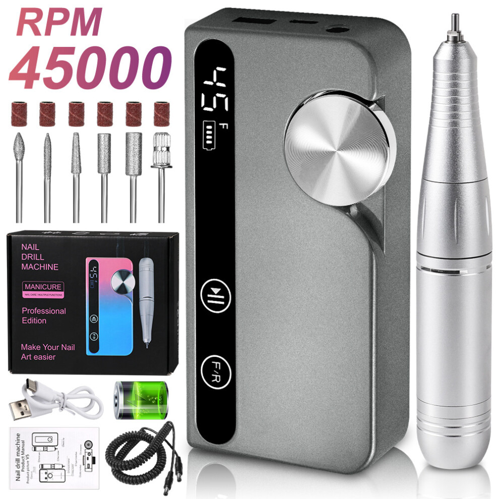 (Metallic Gray) Professional 45000 RPM Rechargeable Portable Electric Nail Grinder for Nail Removal
