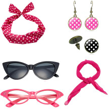 (Magenta) 1950s Retro Party Costume Set: Cat-Eye Glasses, Polka Dot Headband & Stud Earrings Accessories