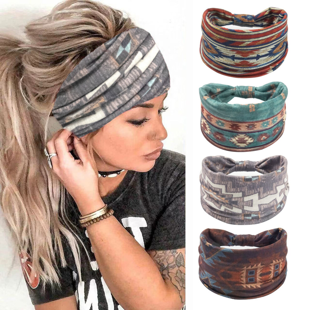 (B) Vintage Bohemian Knotted Elastic Headband Printed Wide Yoga Sports Hair Band