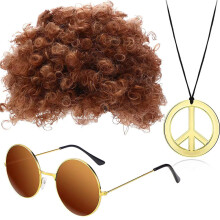(Set 4) Hippie Disco Costume Kit with Afro Wig, Sunglasses & Groovy Necklace for Theme Party