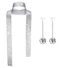 (Set 6) Sparkly Disco Sequin Set for Women: Tassel Earrings, Diamond Collar Chain & Bracelet