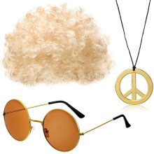 (Set 5) Hippie Disco Costume Kit with Afro Wig, Sunglasses & Groovy Necklace for Theme Party