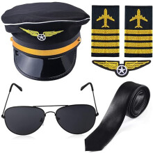 (Captain Black 5-piece set) Halloween Flight Attendant Captain Costume Set for Masquerade Party & Role Play Cosplay