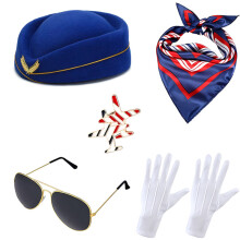 (Flight Attendant Style (Blue 5-Piece Set)) Halloween Flight Attendant Captain Costume Set for Masquerade Party & Role Play Cosplay