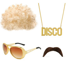 (Set 3) Hippie Disco Costume Kit with Afro Wig, Sunglasses & Groovy Necklace for Theme Party