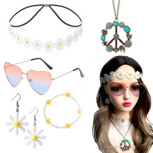 (White) Retro Peace Sign Jewelry & Daisy Flower Accessory Set with Glasses