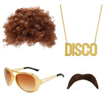 (Set 2) Hippie Disco Costume Kit with Afro Wig, Sunglasses & Groovy Necklace for Theme Party