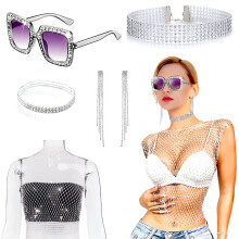 (Set 2) Sparkly Disco Sequin Set for Women: Tassel Earrings, Diamond Collar Chain & Bracelet