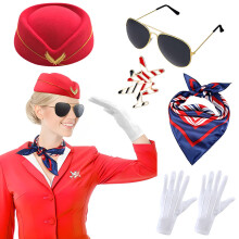(Flight Attendant Style (Red 5-Piece Set)) Halloween Flight Attendant Captain Costume Set for Masquerade Party & Role Play Cosplay