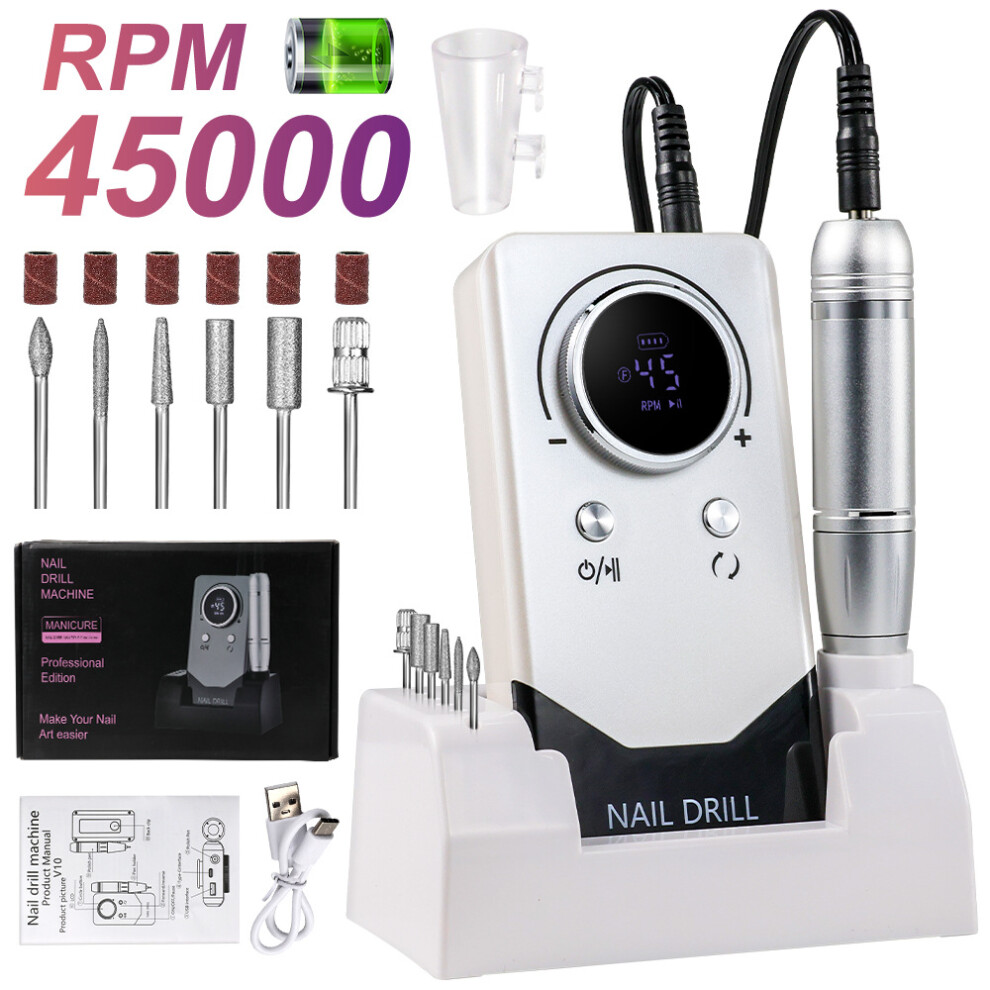 (Pearl White) 45000 RPM Cordless Nail Grinder with Base, Portable Professional Polishing Kit
