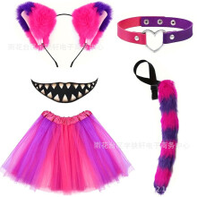 (Magenta Purple B) Halloween Cute Cat Cosplay Set: Cat Ears Headband, Paw Gloves & Tail Accessories