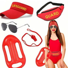 (Set 4) Summer Beach Party Lifeguard Set: Sun Hat, Whistle, Waist Bag & Sunglasses Kit