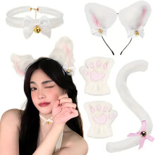 (White) Halloween Cute Cat Cosplay Set: Cat Ears Headband, Paw Gloves & Tail Accessories
