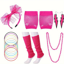 (Magenta) 1980s Neon Costume Accessories Set: Headband, Gloves, Foot Covers, Necklace, Earrings & Bracelet
