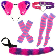 (Magenta Purple C) Halloween Cute Cat Cosplay Set: Cat Ears Headband, Paw Gloves & Tail Accessories