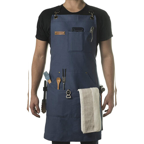 (Blue) Canvas Cotton Coffee Shop Barber Work Apron Kit Professional Use