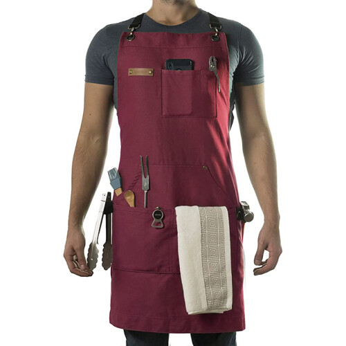 (Red) Canvas Cotton Coffee Shop Barber Work Apron Kit Professional Use