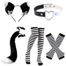 (Black and White Striped Set) Halloween Cute Cat Cosplay Set: Cat Ears Headband, Paw Gloves & Tail Accessories