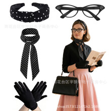 (Black, 4-piece set) Vintage 1950s Retro 5-Piece Set: Polka Dot Silk Scarf, Headband, Glasses, Gloves & Earrings for Cosplay Party