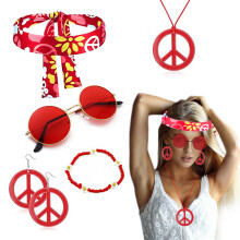 (Red Headscarf Style) 60s Hippie Halloween Set: Carnival Headband Glasses & Anti-War Necklace 5-Piece Kit