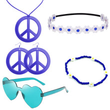 (Dark blue series) 60s Hippie Halloween Set: Carnival Headband Glasses & Anti-War Necklace 5-Piece Kit