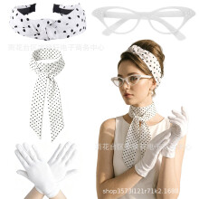 (White, 4-piece set) Vintage 1950s Retro 5-Piece Set: Polka Dot Silk Scarf, Headband, Glasses, Gloves & Earrings for Cosplay Party