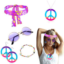 (Purple Headscarf Style) 60s Hippie Halloween Set: Carnival Headband Glasses & Anti-War Necklace 5-Piece Kit