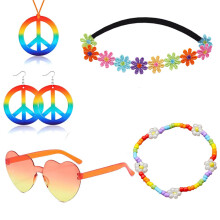 (Rainbow Series) 60s Hippie Halloween Set: Carnival Headband Glasses & Anti-War Necklace 5-Piece Kit